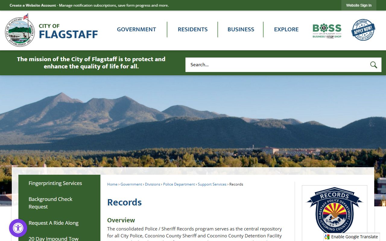 Flagstaff Police Department records information page