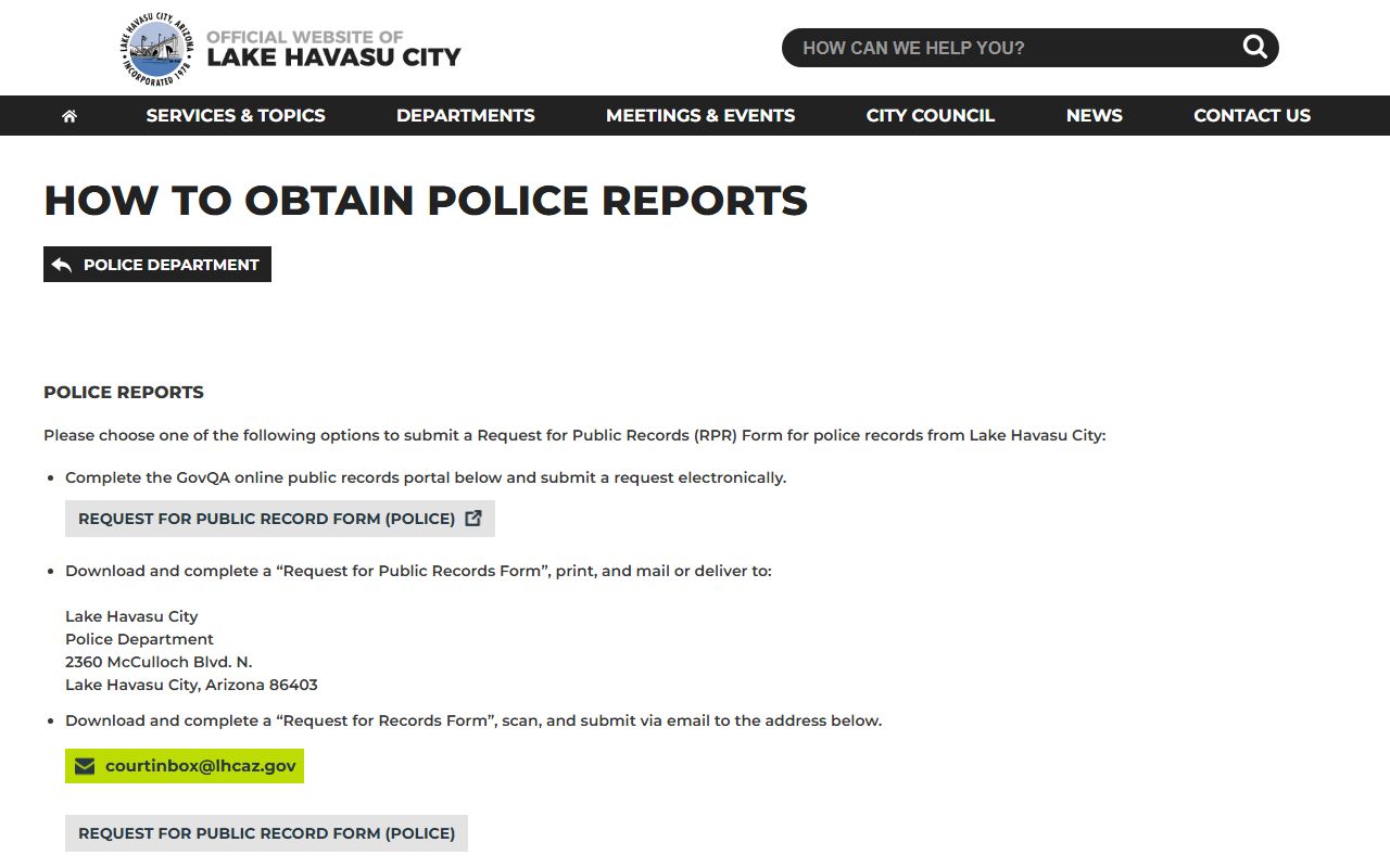 Lake Havasu City Police Department records request information