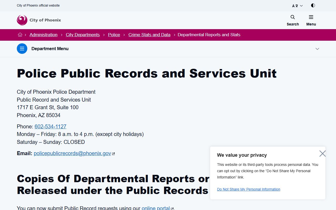 Phoenix Police Department public records page