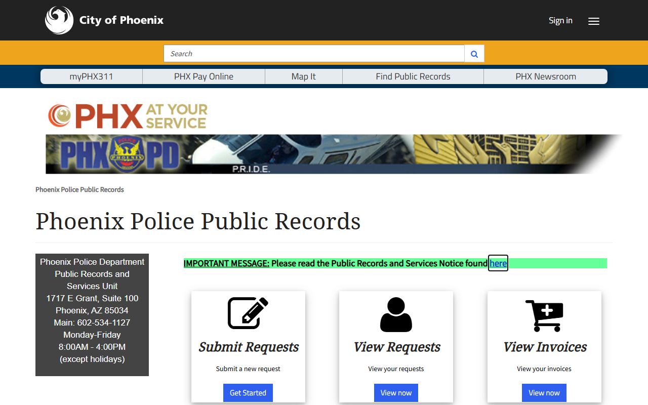 Phoenix Public Safety online records portal