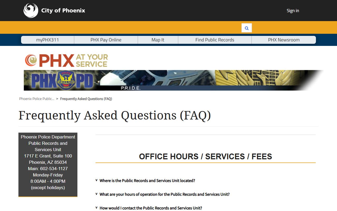 Phoenix Police Department records FAQ page