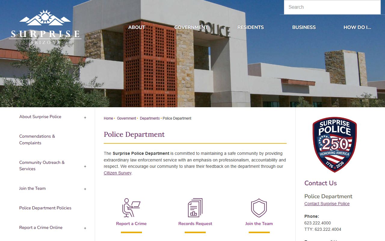 Surprise Police Department homepage