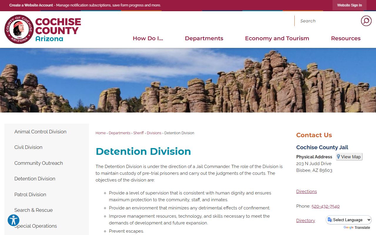 Cochise County detention facilities information