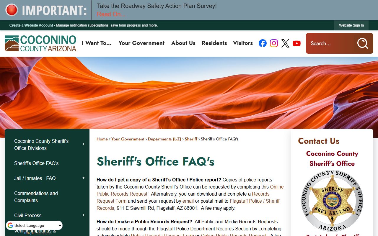 Coconino County Sheriff's Office FAQ page about inmate information