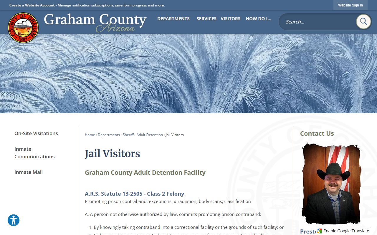 Graham County jail visitor information page