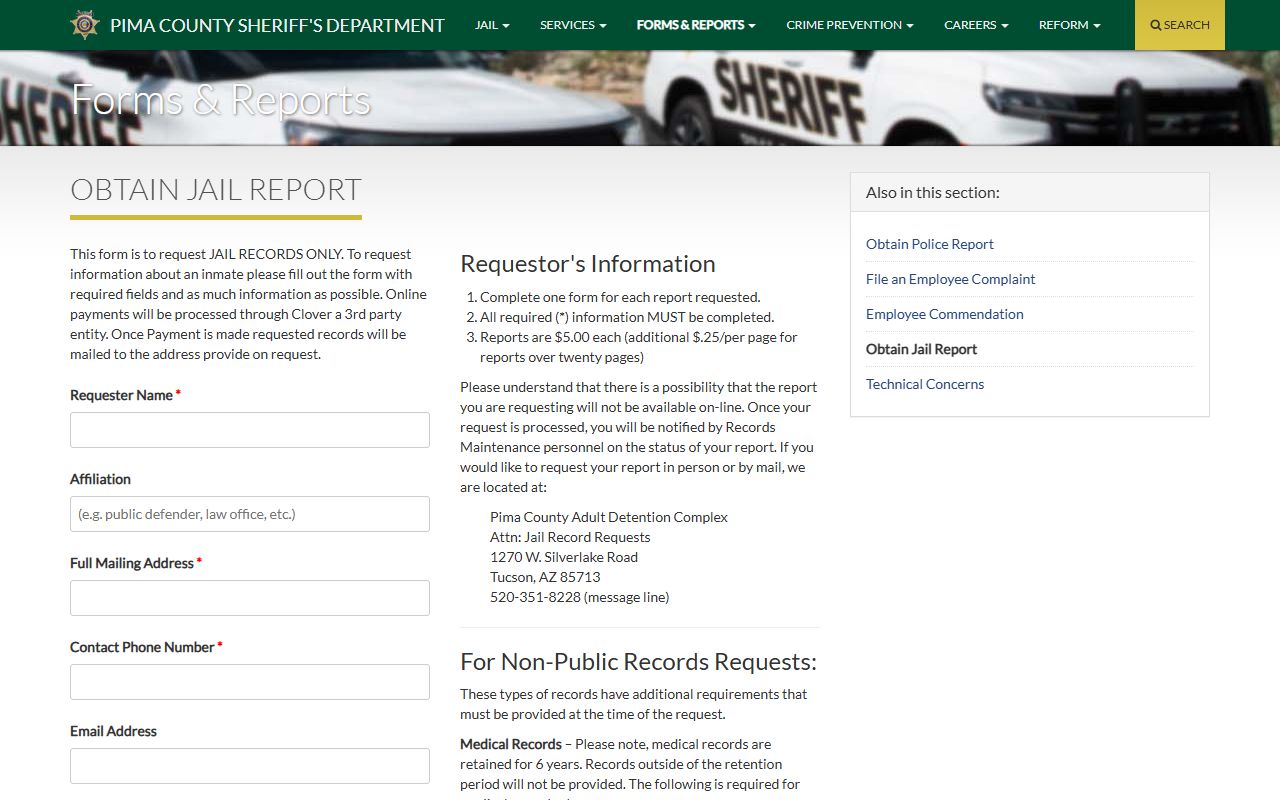 Pima County jail records request page and fee information