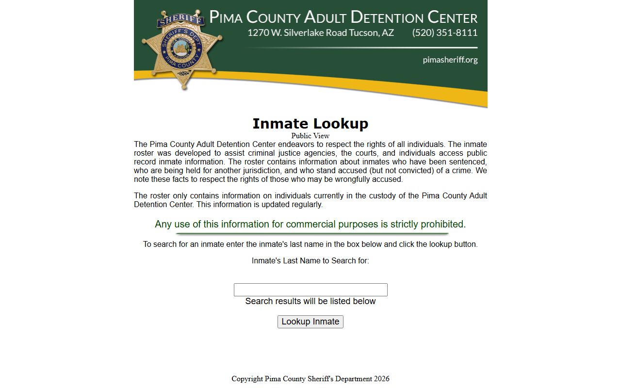 Pima County Sheriff inmate lookup search page