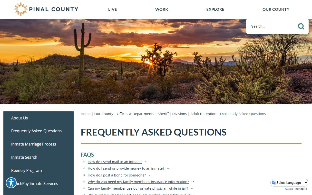 Pinal County Adult Detention frequently asked questions page