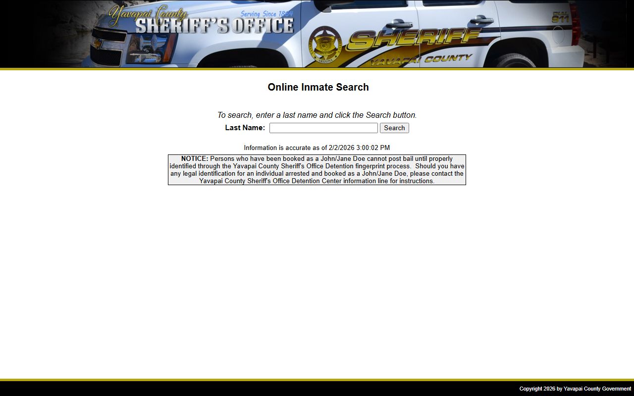 Yavapai County inmate search portal showing jail mugshot database