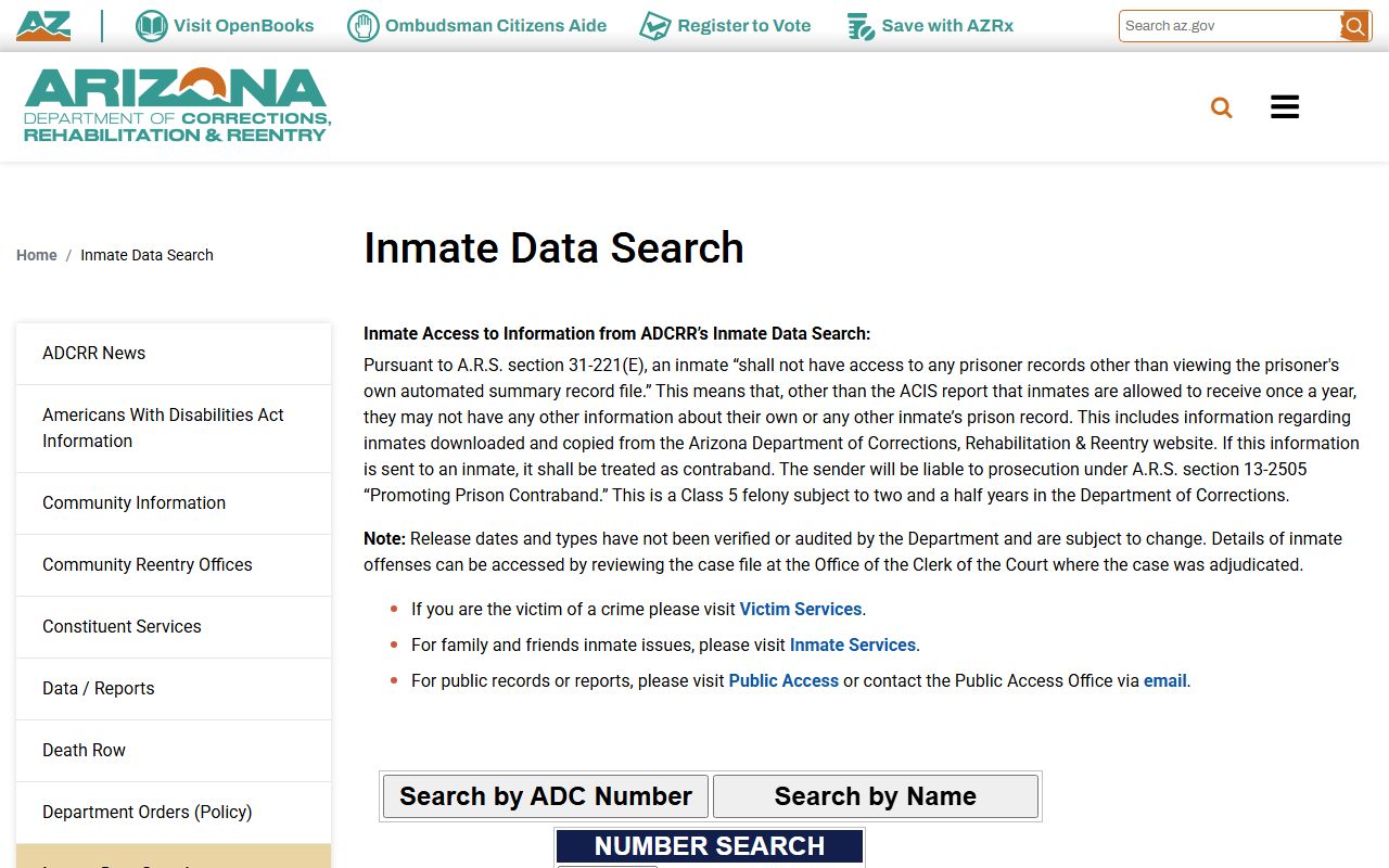 Arizona ADCRR database information page showing available inmate data