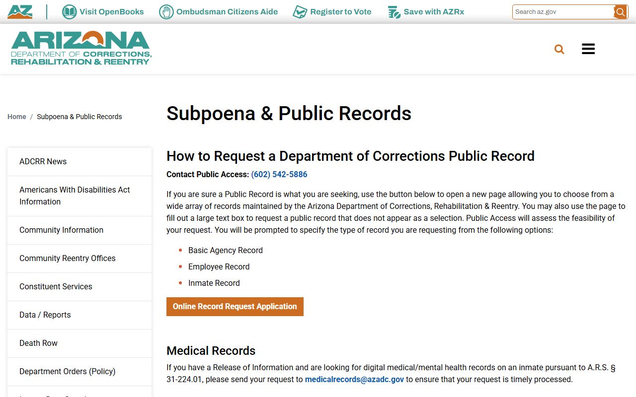 Arizona ADCRR public records request page with fee schedule