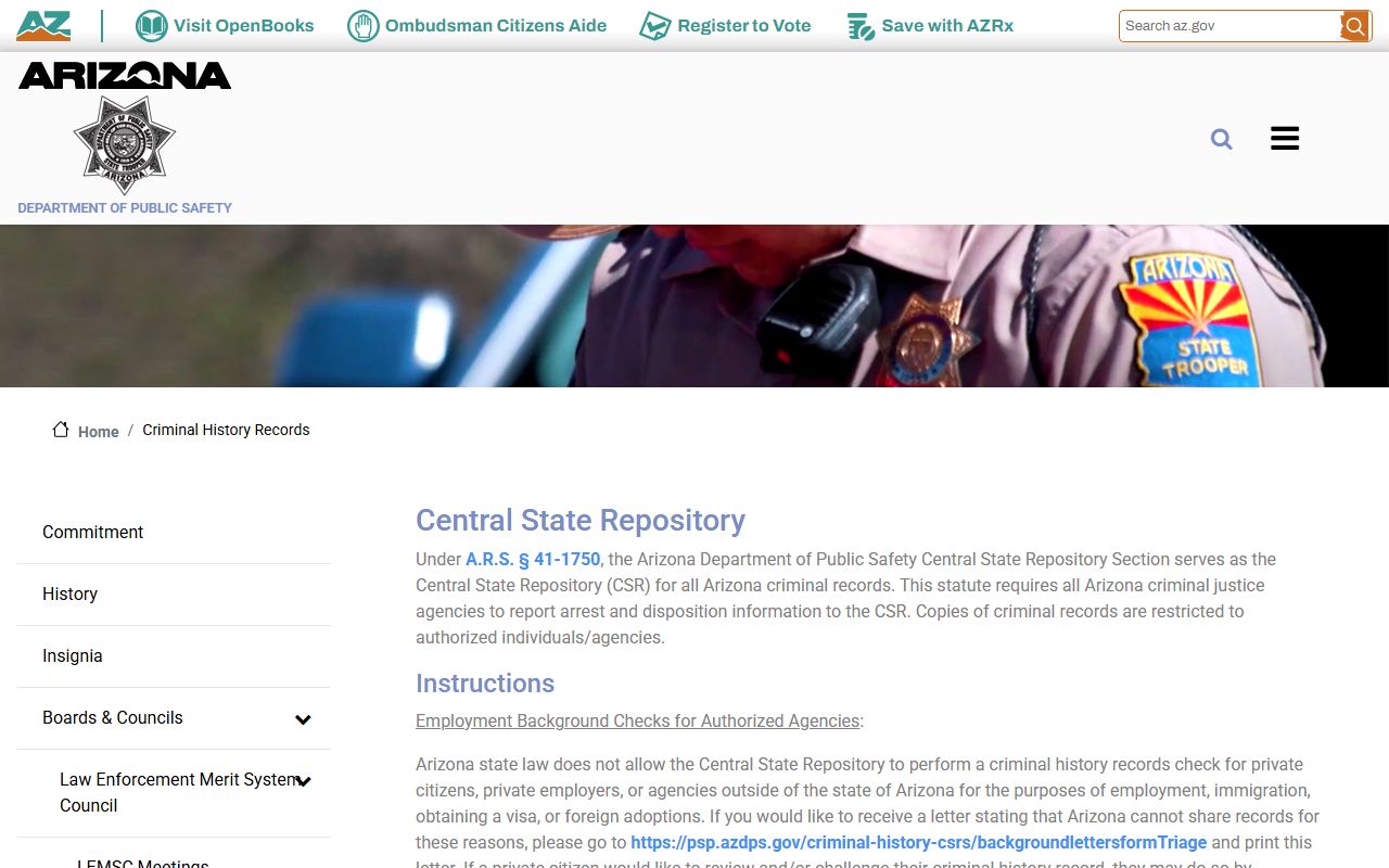 Arizona DPS criminal history records information page