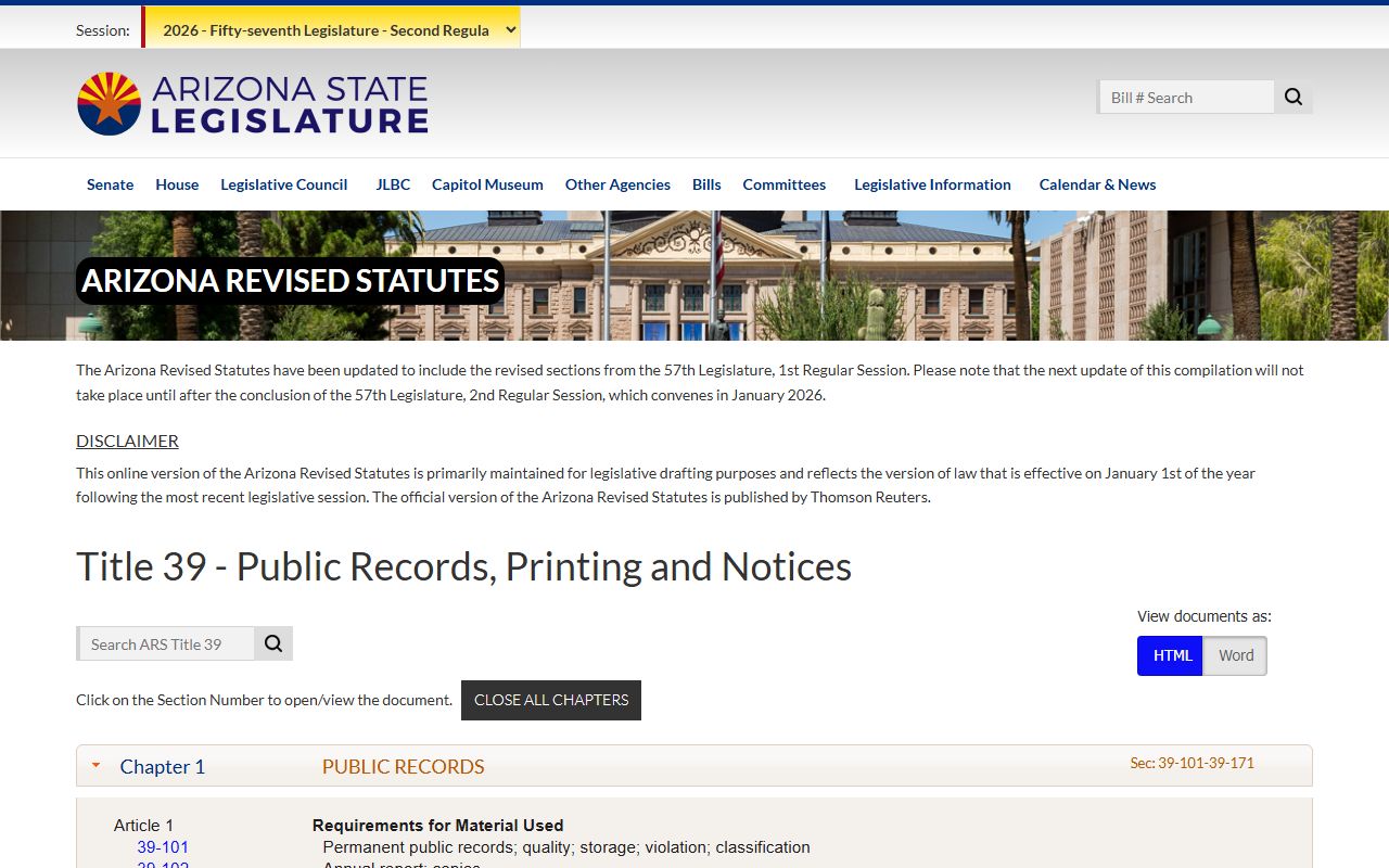 Arizona Legislature website showing public records statutes